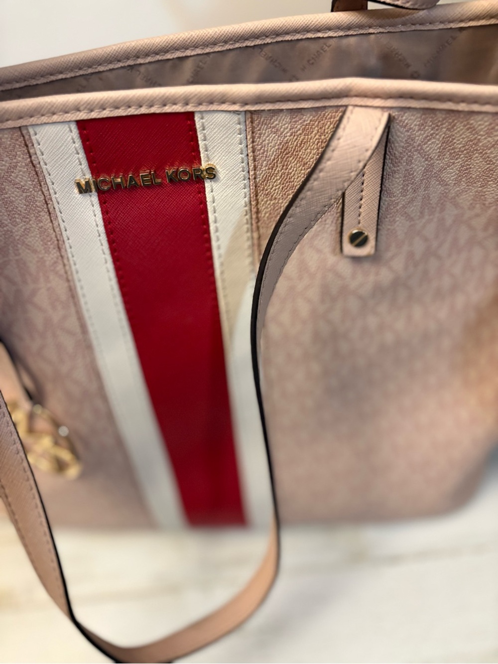 Michael Kors Pink Tote with Red & Cream Center Stripe - Picture 5 of 10